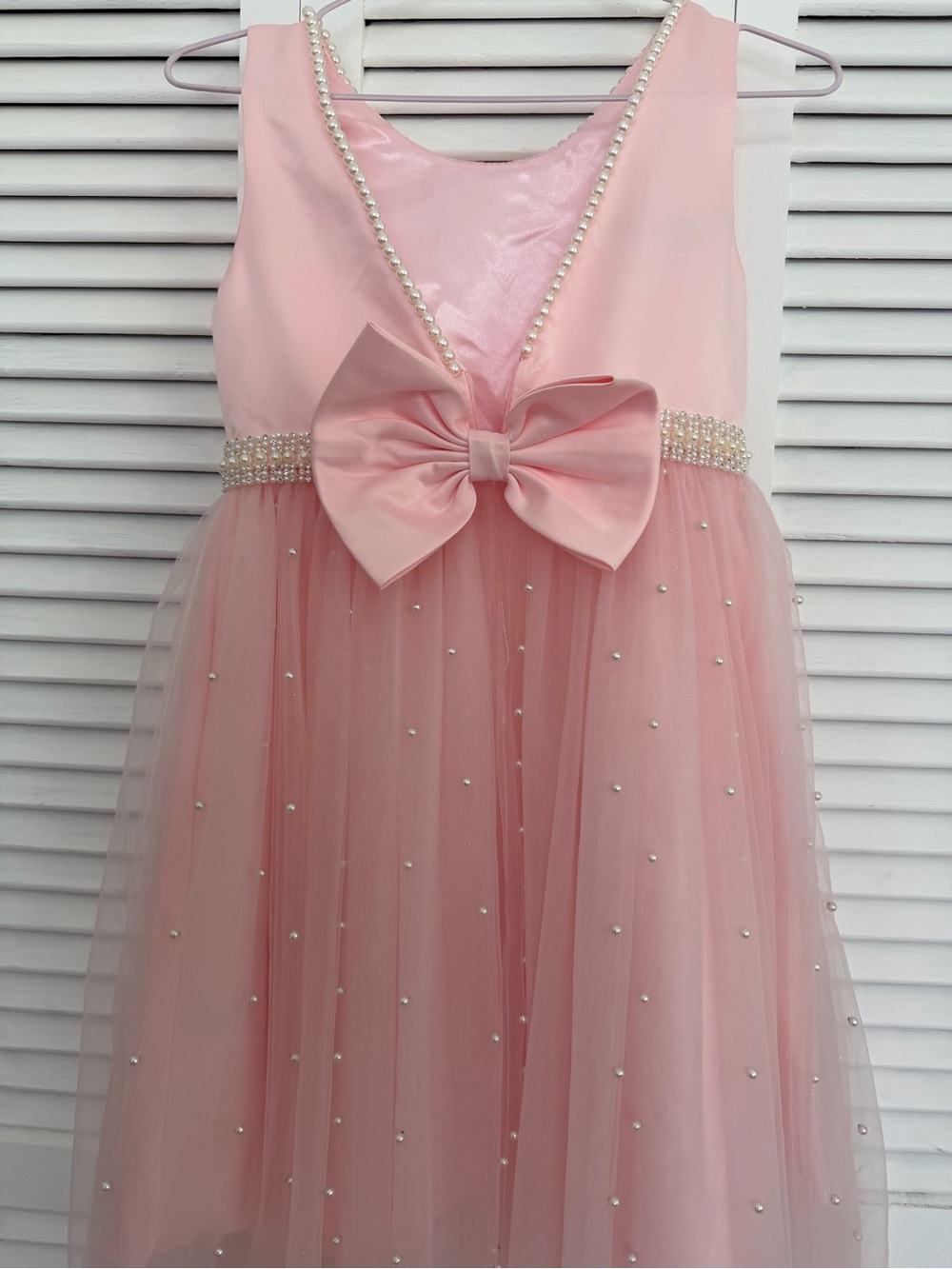 Girls Pink Pearl-Embellished Tulle Party Dress - Picture 1 of 8